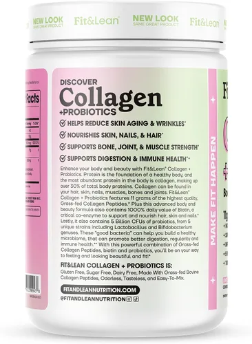 Vista 4 de Fit & Lean Colágeno + probióticos - Polvo de péptido de colágeno alimentado con pasto, sin sabor, 12.64 onzas
