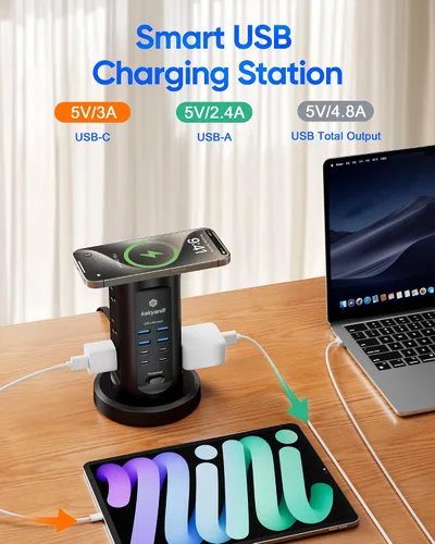 Vista 6 de Torre de Regleta de Alimentación, kakyanill Torre Protectora contra Sobretensiones 9 Tomas de CA 8 USB (4 USB C), Cable de Extensión Retráctil de 6