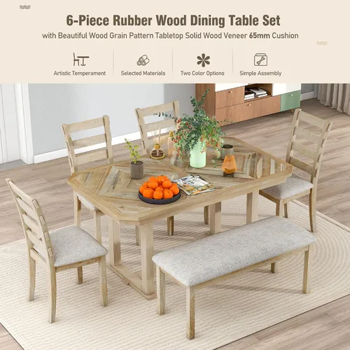 Vista 42 de Juego de mesa de comedor vintage de 6 piezas, juego de mesa de comedor de cocina de madera maciza con 4 sillas ergonómicas acolchadas y banco, mesa