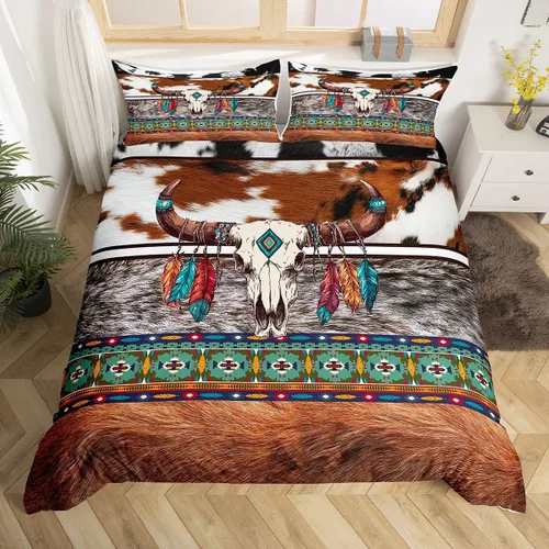 Vista 33 de Erosebridal Funda de edredón de piel de vaca marrón con estampado de vaca de las tierras altas, juego de ropa de cama occidental exótico azteca