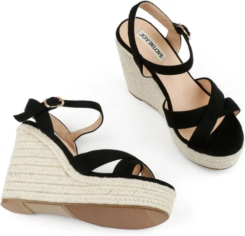 Vista 3 de JOY IN LOVE Alpargatas para mujer, sandalias de plataforma con tacón y correa al tobillo y hebilla