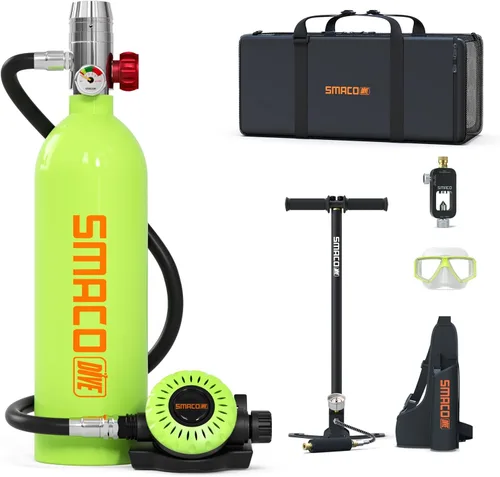 Vista 10 de SMACO Mini tanque de buceo 1L tanque de buceo portátil reutilizable buceo kit de cilindro de oxígeno para snorkel y rescate de emergencia S400
