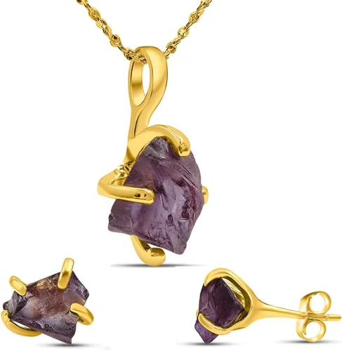 Vista 105 de Juego de joyas de piedras preciosas crudas reales con plata de ley 925 chapada en oro real, collar y aretes de piedra natal, regalo para ella por