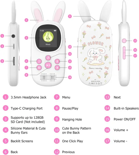 Vista 8 de Reproductor Mp3 para Niños, Lindo Reproductor Mp3 de Conejo para Niños con Bluetooth, Reproductores Mp3 de 32GB con Altavoz, Radio FM, Grabaciones