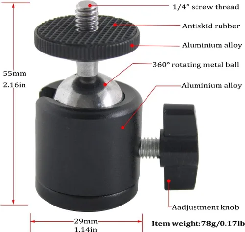 Vista 2 de EXMAX Cabezal de bola de trípode giratorio de 360 grados con base de rosca de tornillo de 1/4 pulgadas para cámara DSLR, videocámara, luz LED Negro