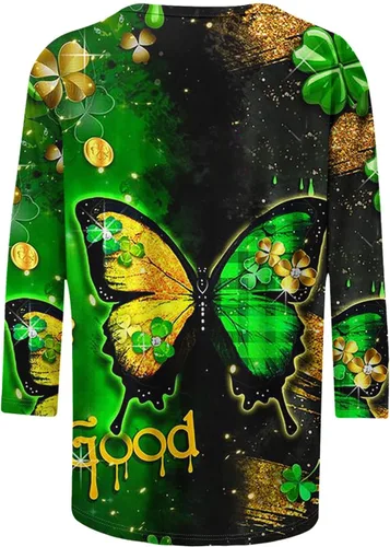 Vista 3 de Womens 34 Sleeve Graphic T-Shirts Shamrock Print Tops Round Neck Blouse St Patricks Day Pullover Tees Elegant Tunic