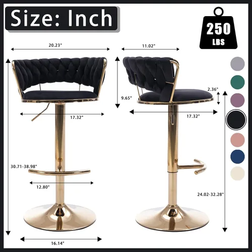 Vista 3 de Juego de 2 taburetes de bar de terciopelo giratorios con base de metal dorado, taburetes de bar modernos de altura de mostrador para cocina, pub