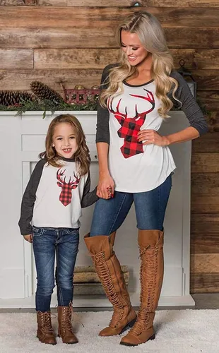 Vista 2 de Trajes de Navidad mamá y mí moda ciervos impresión de manga larga camiseta blusa tops a juego trajes familiares