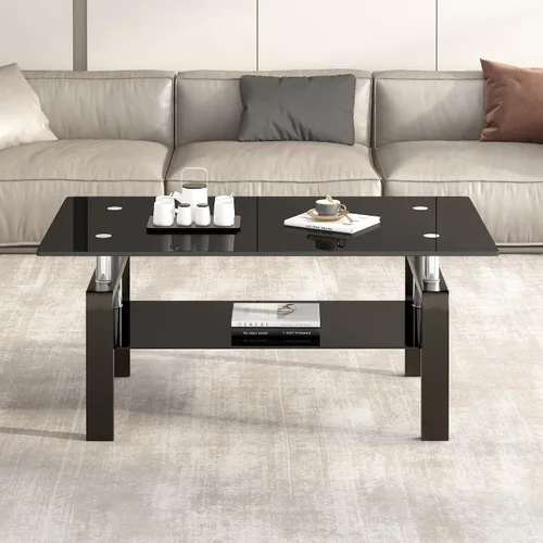 Vista 5 de Moderna mesa de centro de cristal templado negro, 39.4 pulgadas de ancho x 23.6 pulgadas de profundidad x 17.7 pulgadas de alto, mesa auxiliar