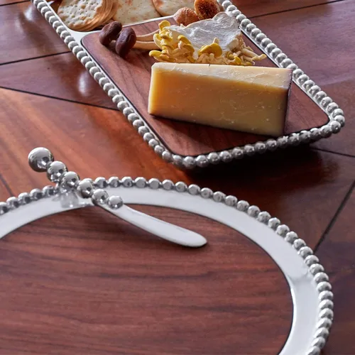 Vista 3 de MARIPOSA Tabla de queso redondo perlado con inserto de madera oscura, plata
