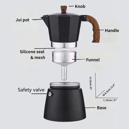 Vista 7 de Olla moka premium, cafetera espresso para estufa, cafetera percoladora, cafetera italiana, café cubano, cafetera greca (negro, 3 tazas 5.1 fl oz)