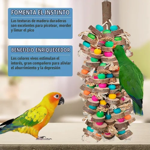Vista 6 de Juguetes de pájaros grandes para guacamayos, bloques de madera multicolor juguete para masticar pájaros, jaula de loro, juguete de mordida