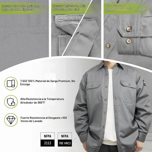 Vista 5 de Camisas FR grises para hombre, sarga de algodón de 7.5 onzas, manga larga, ajuste regular, cuello de punto, cuello Henley, 2 bolsillos de parche