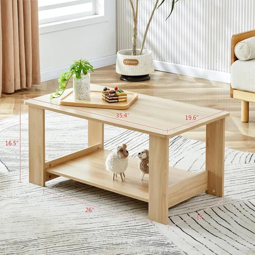 Vista 15 de Mesas de centro modernas de 2 niveles rectangulares de madera con amplio almacenamiento, perfectas para sala de estar, decoración de sala