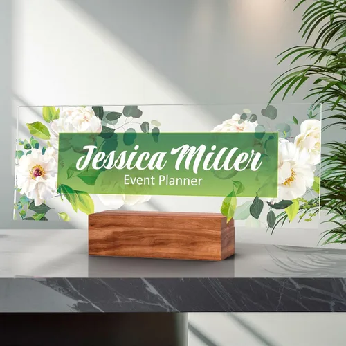 Vista 14 de Placa de identificación personalizada para escritorio, decoración de oficina de acrílico transparente con diseño de flores, decoraciones