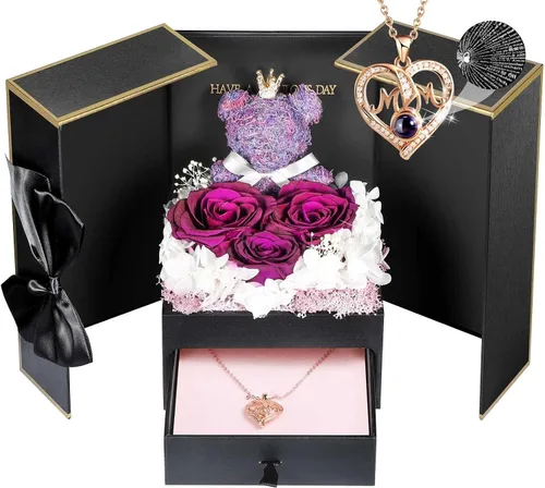 Vista 23 de AddWel Regalos de rosas para mujer, rosas azules reales preservadas con collar I Love You en 100 idiomas y lindo oso de musgo para novia, esposa
