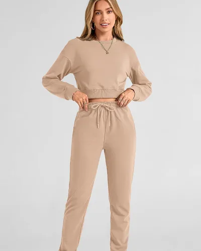 Vista 69 de BTFBM Conjunto deportivo de 2 piezas para mujer, camiseta corta de manga larga, sin botones, pantalón con cordón ajustable, pantalones deportivos