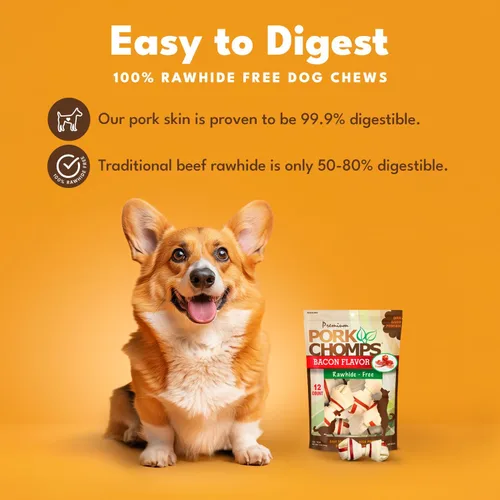 Vista 2 de Pork Chomps Masticables para perros de piel de cerdo horneada, mini nudos de 2.5 pulgadas, tira sabor tocino, 12