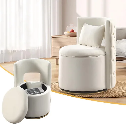 Vista 9 de Silla de acento giratoria, sofá redondo de terciopelo de almacenamiento, silla tapizada con barril moderno para guardería, sala de estar, hotel