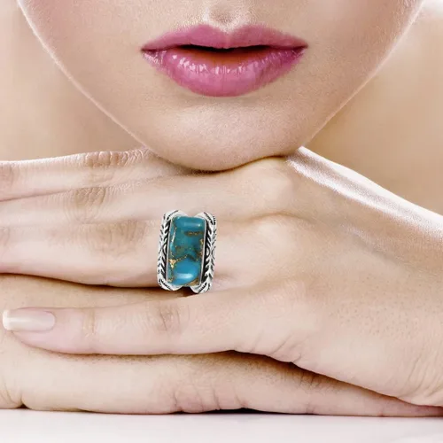Vista 2 de Anillo turquesa de plata esterlina 925 piedras preciosas auténticas tamaño 6 a 11