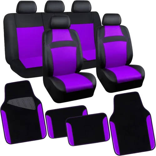 Vista 9 de CAR PASS Juego completo de fundas de asiento de automóvil de malla de aire 3D y 4 alfombrillas impermeables para piso de automóvil con esponja Gris