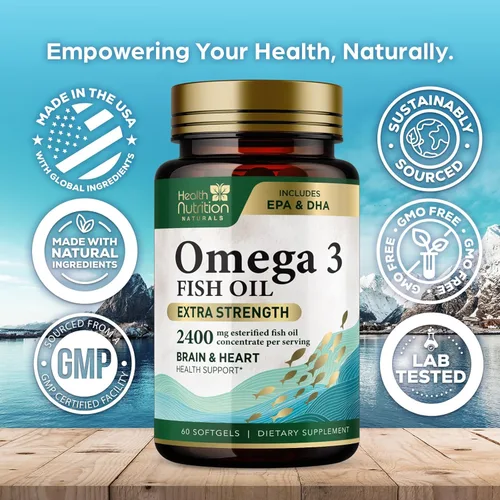 Vista 4 de Suplementos de aceite de pescado Omega 3 – 2400 mg de aceite de pescado por porción – Omega-3 de triple fuerza con ácidos grasos EPA y DHA – Apoyo