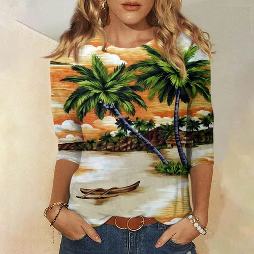 Vista 2 de Camisas hawaianas para mujer, con estampado tropical, manga 34, casual, para playa, estilo bohemio, primavera