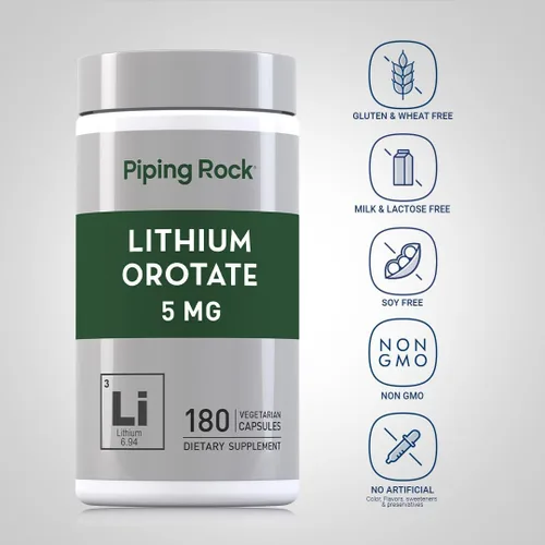 Vista 3 de Piping Rock Suplemento de orrotato de litio 5 mg 180 cápsulas Sin OMG, vegetariano, sin gluten