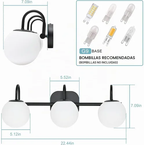 Vista 4 de Moderna lámpara negra para tocador de baño, accesorios de iluminación de 3 luces, marco y pantalla de globo de vidrio blanco leche, aplique de pared
