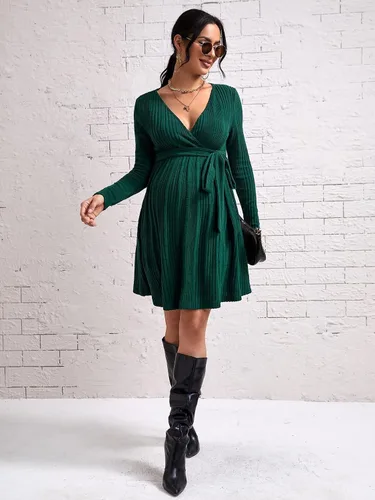 Vista 5 de MakeMeChic Vestido de maternidad para mujer, manga larga, cuello en V, acanalado, con cinturón, vestido de embarazo