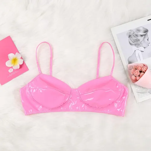 Vista 5 de Yartina Sujetador de piel de charol para mujer, con aspecto mojado, bralette inalámbrico, top corto, lencería para fiestas y clubes