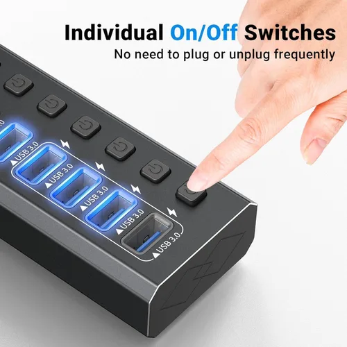 Vista 4 de Hub USB 3.0 alimentado de aluminio de 10 puertos USB 3.0 Hub de datos con adaptador de corriente de 12V/4A (48W) e interruptores individuales