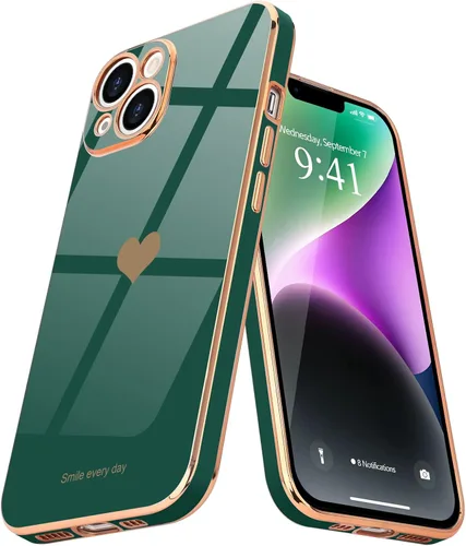 Vista 14 de Teageo - Funda para iPhone 14 Plus para mujeres y niñas, diseño de corazón de amor, color negro Luxury Plating Soft Bling Back Cover Raised Full