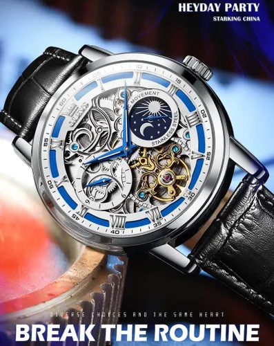 Vista 5 de OLEVS Relojes automáticos para hombre, de cuerda automática, cielo estrellado, esqueleto de diamante, reloj de pulsera de lujo, impermeable, luminoso