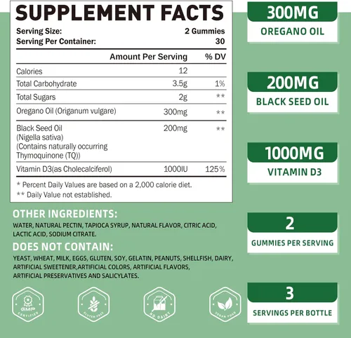 Vista 8 de Aceite de orégano 300 mg Semilla Negra D3 Gummies Apoyo Inmune 60ct