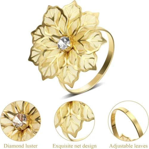 Vista 4 de Hotop Juego de 12 servilleteros de flores huecas para otoño, servilleteros de metal, para cena, Acción de Gracias, Navidad, banquete, mesa, Dorado