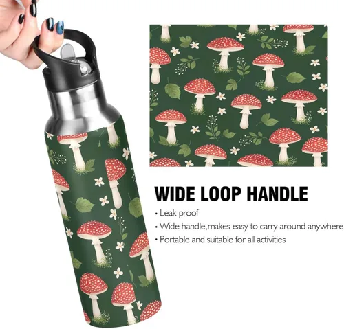 Vista 4 de Insulated Stainless Steel Water Bottle with Straw 32 Oz, BPA-Free Sport Water Bottle Insulated for Gym Outdoor Travel School, Cute Red Mushrooms