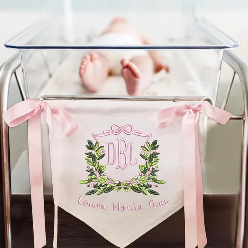 Vista 3 de Letrero personalizado de bienvenida para bebé, bandera bordada con nombre, letrero para puerta de hospital de bebé, con lazos, decoración de baby