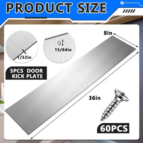 Vista 2 de Therwen 5 juegos de placas protectoras plateadas de 8 x 36 pulgadas para puertas exteriores, placas protectoras de aluminio satinado con tornillos