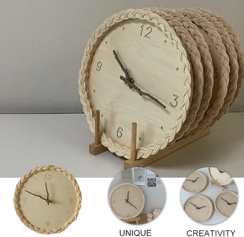 Vista 6 de Garneck Reloj de pared colgante de ratán, reloj silencioso de madera, reloj silencioso para sala de estar, reloj montado en la pared, reloj colgante