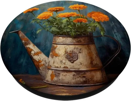 Vista 2 de Marigold Flower Floral Watering Can PopSockets Adhesive PopGrip