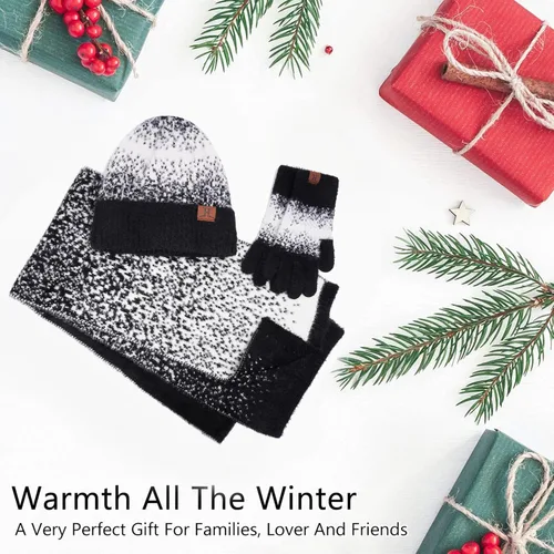 Vista 5 de Conjunto de gorro de punto de invierno para mujer y guantes para pantalla táctil, bufanda larga con forro polar cálido, bufandas para mujer