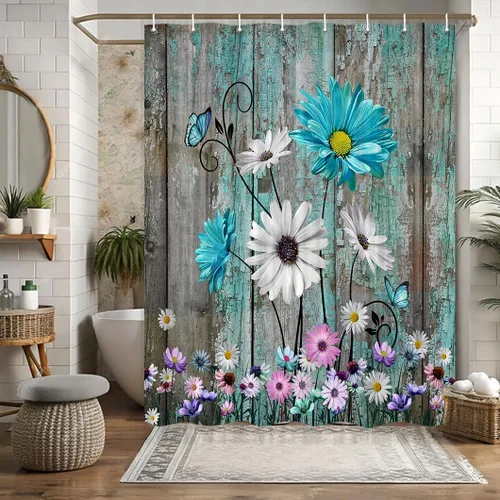 Vista 18 de Cortina de ducha rústica con diseño floral, cortina de ducha rústica con margaritas, cortina de ducha de madera rústica con ganchos, 36 x 72 Verde