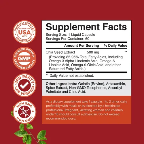 Vista 7 de Pure Chia Extracto de Semilla Cápsulas - Potente Suplemento para el Sueño - Salud de la Piel y el Cabello - Vitaminas Omega 3 Ácidos Grasos Fibra