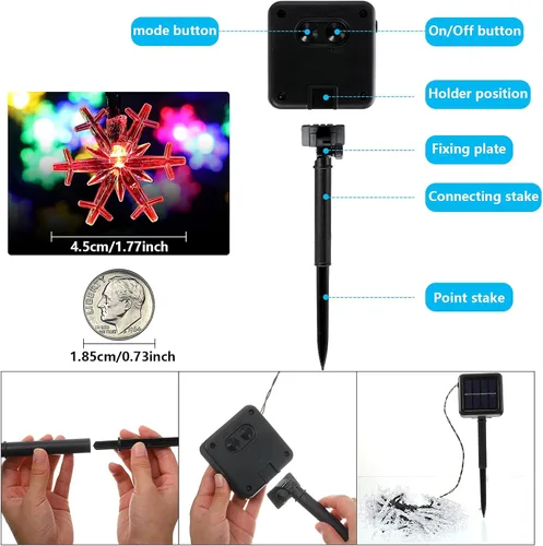 Vista 5 de Mudder Tira de 80 luces LED de Navidad más grandes de 33 pies con forma de copo de nieve, funciona con energía solar, tira de luces impermeables Luz