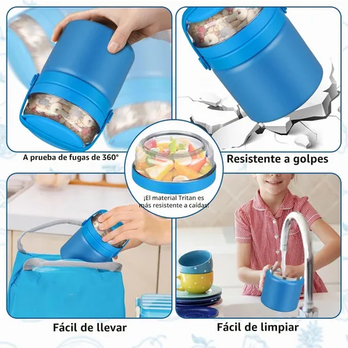 Vista 3 de JXXM Tarro de comida con doble aislamiento 2 en 1 de 13.5 onzas, termo de sopa con contenedor de aperitivos para niños, termo para comida caliente