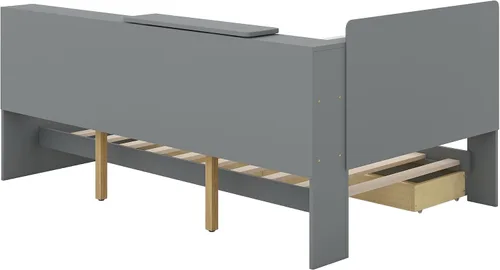 Vista 7 de Cama de plataforma de tamaño individual con cajones de almacenamiento, estantería y cabecera en forma de L, sofá cama de madera de pino con estantes