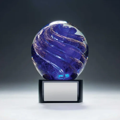 Vista 3 de Baudville Trofeo de lágrima de cristal grabado Azul-oro redondo
