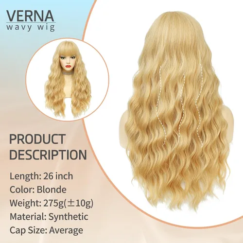 Vista 3 de VERNA - Peluca rubia con flequillo, peluca sintética de aspecto natural, rizada, ondulada de 26 pulgadas, resistente al calor, estilo de parte media