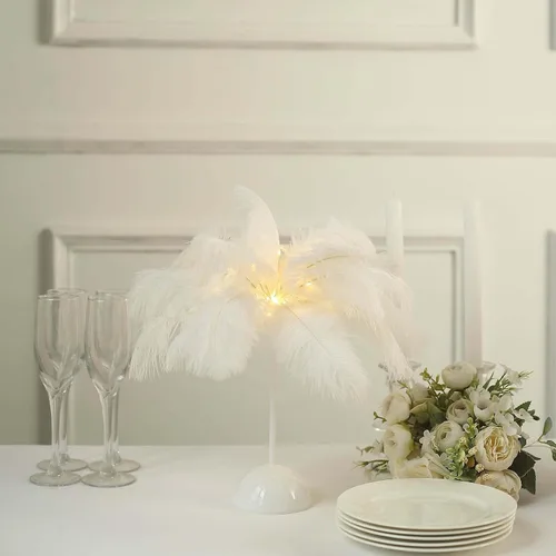 Vista 9 de Efavormart - Lámpara de mesa LED de plumas de avestruz blanca de 15 pulgadas, centro de mesa inalámbrico con pilas para bodas y fiestas, luz